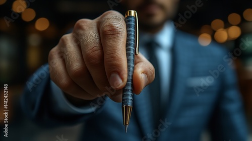 Obraz na płótnie A businessman extends a sophisticated pen a symbol of deals and opportunities in a close up shot w salonie