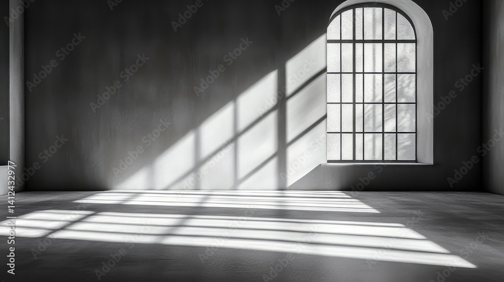 Obraz premium Dramatic Black and White Interior Featuring a Window with Light and Shadow Play