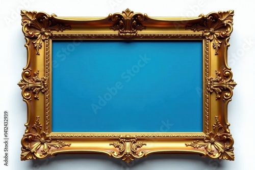 Elegant antique gold & blue ornate frame, isolated , gilded frame, art frame