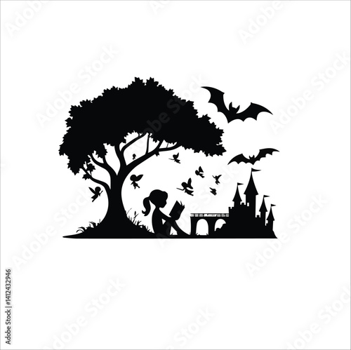 A girl sitting under a tree with an open book in her lap