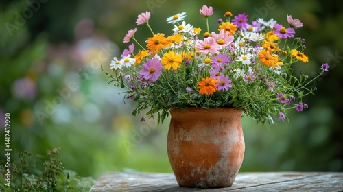 A terracotta pot acting as a vase, overflowing with colorful wildflowers and herbs, rustic and natural, outdoor garden setting.