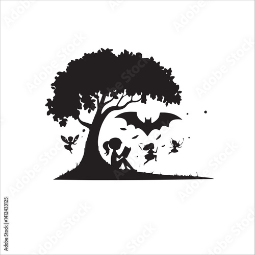 A girl sitting under a tree with an open book in her lap