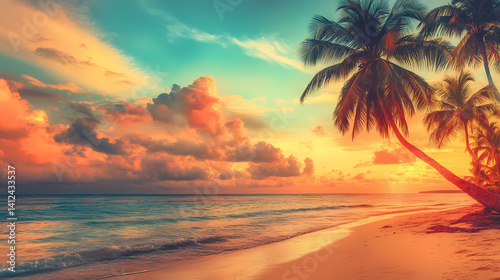 Tropical Beach Paradise: Sun-kissed palm trees gently sway in the warm ocean breeze as the setting sun paints the sky with fiery hues. A serene escape for ultimate relaxation.