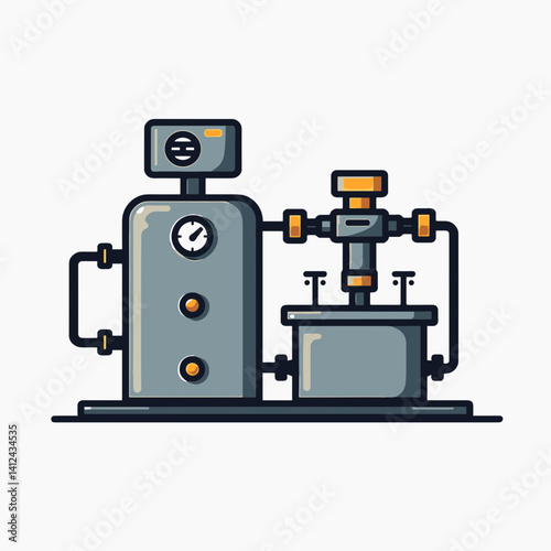 industrial machine illustration with gray and orange accents