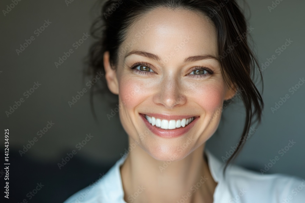 Smiling woman portrait with dark hair and white shirt against neutral background. Smiling woman portrait with dark hair and white shirt against neutral background.
