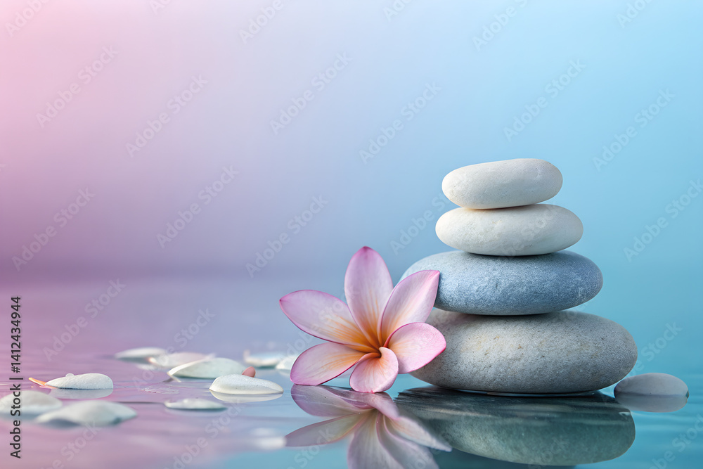 Spa stones with flower on gradient background, tranquility concept Spa stones with flower on gradient background, tranquility concept