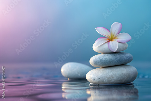 Spa stones with flower on gradient background, tranquility concept