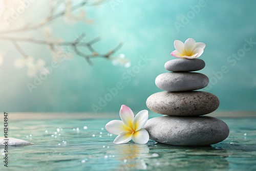 Spa stones with flower on gradient background, tranquility concept