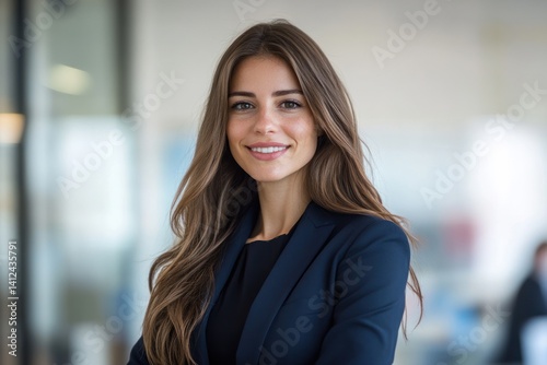 Wallpaper Mural Smiling woman with long brown hair wearing a dark blazer indoors. Torontodigital.ca