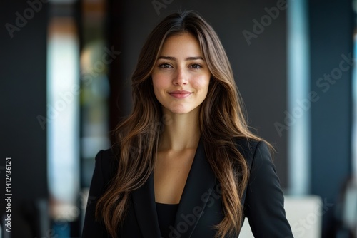 Wallpaper Mural Woman in black suit jacket smiles indoors with blurred background. Torontodigital.ca