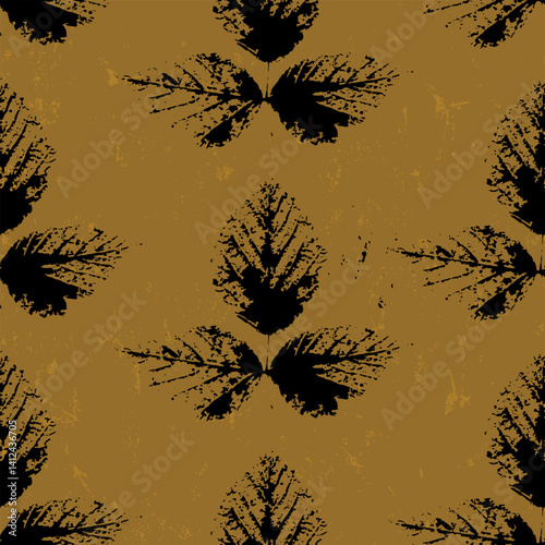 seamless abstract beech leaves, illustration with black torn and grungy leaves, on beige