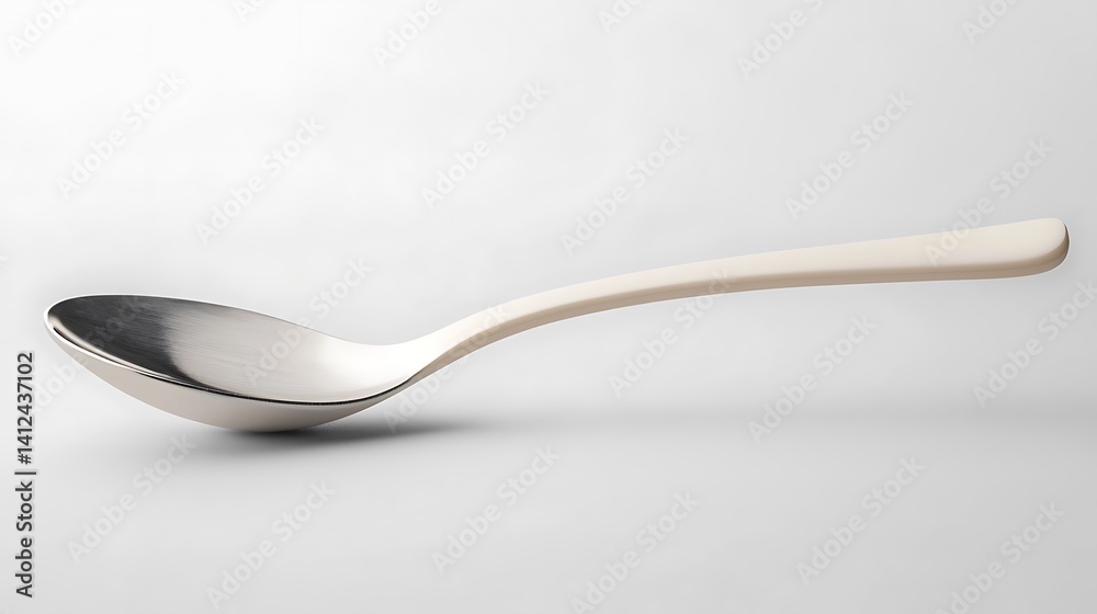 A shining silver spoon gleams on a plain surface, curved handle visible in soft light A shining silver spoon gleams on a plain surface, curved handle visible in soft light