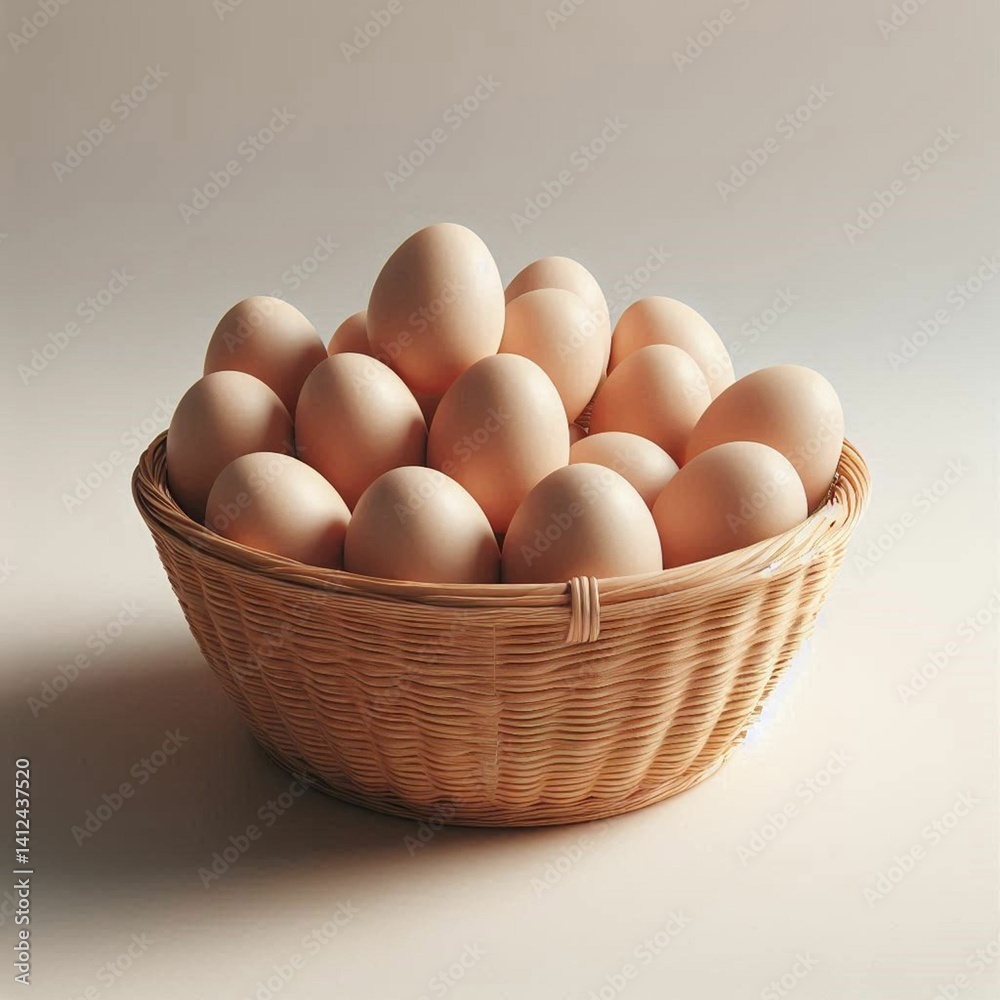 A realistic image of several eggs in a woven basket, placed neatly and aesthetically. Plain Background. A realistic image of several eggs in a woven basket, placed neatly and aesthetically. Plain Background.