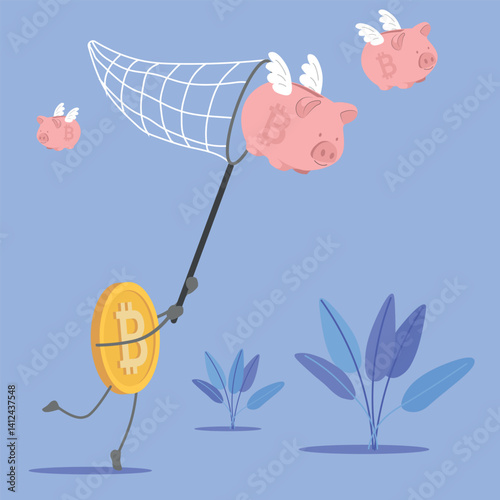 Freedom of finance, money without borders, accumulation of wealth, electronic money. Vector icons bitcoin, piggy bank, profitable investments, receiving interest on deposit, cryptocurrency