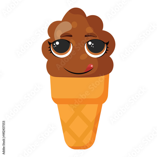 Chocolate ice cream cone with flirty smile and licking tongue, shiny eyes, isolated on white background, perfect for food stickers, character sets and playful kids designs