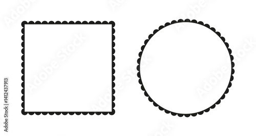 Scalloped frame mockups. Scalloped edge square, circle shapes. Label forms. Silhouette lace minimal black frames. Abstract elements for tag, stickers, backdrops.