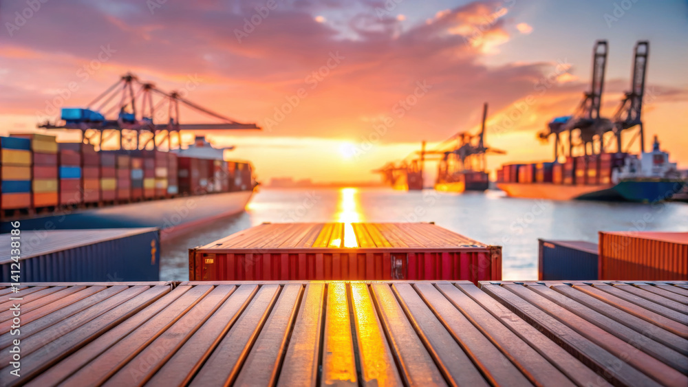 cargo containers at port reflect stunning sunset while cranes stand tall against sky creating serene atmosphere cargo containers at port reflect stunning sunset while cranes stand tall against sky creating serene atmosphere