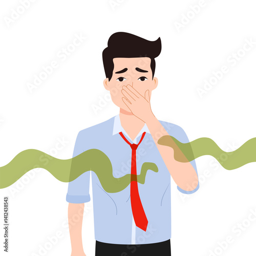 Man bad smell. He cover nose and mouth from disgusted smelly odor, male disgust expression to unpleasant scent of fart stinky breath sweat or toxic smoke vector illustration of smell boy
