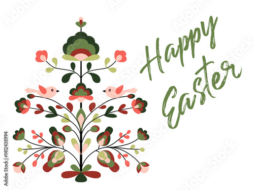 Happy Easter card with flowers and birds on tree of life. Blooming life tree, small birds, spring flowers. Folk style floral zoomorphic ornament. Abstract spring blossom on twigs. Easter banner