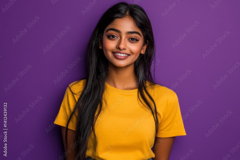 Fototapeta premium A studio portrait captures an Indian woman with her long hair flying out to the sides as she poses