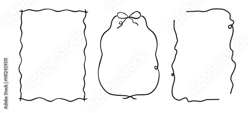Set of wavy coquette frames. Romantic ribbon borders doodles.
