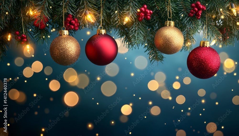 Festive Christmas Ornaments Hanging on a Pine Tree Branch