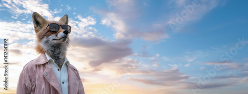 Fox with Sunglasses on Blue Sky with Clouds: Anthropomorphic Fox wearing Sunglasses and Pink Jacket on Panoramic Sky Background – Conceptual Banner with Copy Space