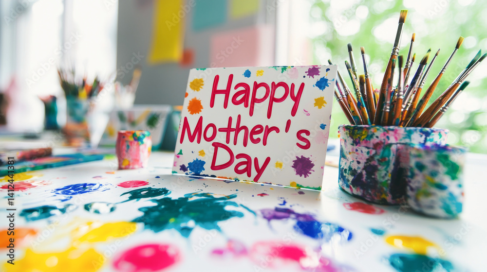 Fototapeta premium Bright workspace celebrating mothers day with childrens paints and art supplies. concept of creativity, family bonding, celebratory atmosphere, holiday crafting, Happy Mother's Day greeting card