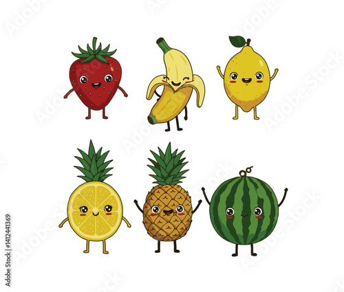 Dynamic tropical inspired artwork scene captures cheerful animated fruits ideal for adding unique charm to colorful creative design works