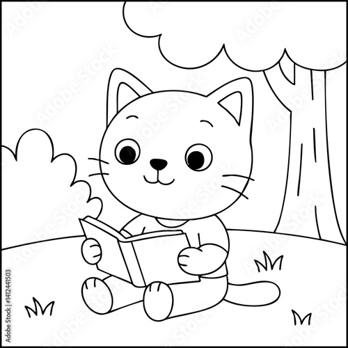 Dessin kawaii au trait de chat pour livre de coloriage pour adulte ou enfant. Trait noir totalement isolé du fond. Idéal pour conception a ajuster dans votre livre ou cahier. Encadré transparent. 