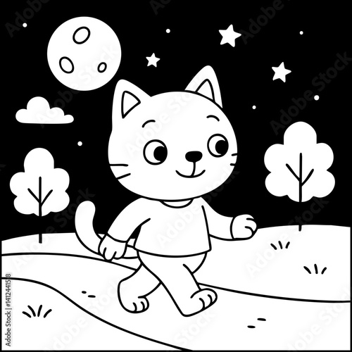 Dessin kawaii au trait de chat pour livre de coloriage pour adulte ou enfant. Trait noir totalement isolé du fond. Idéal pour conception a ajuster dans votre livre ou cahier. Encadré transparent. 