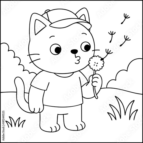 Dessin kawaii au trait de chat pour livre de coloriage pour adulte ou enfant. Trait noir totalement isolé du fond. Idéal pour conception a ajuster dans votre livre ou cahier. Encadré transparent. 