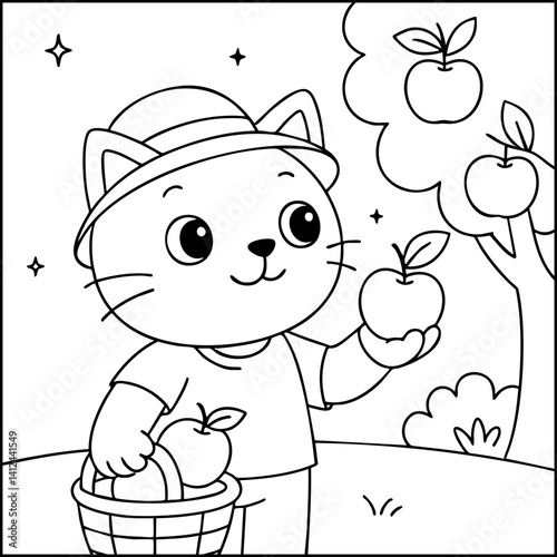 Dessin kawaii au trait de chat pour livre de coloriage pour adulte ou enfant. Trait noir totalement isolé du fond. Idéal pour conception a ajuster dans votre livre ou cahier. Encadré transparent. 