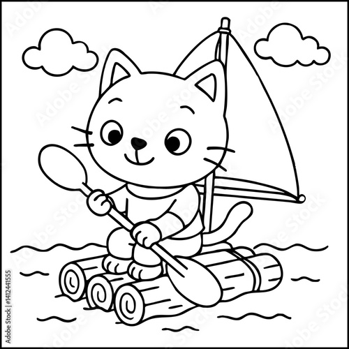 Dessin kawaii au trait de chat pour livre de coloriage pour adulte ou enfant. Trait noir totalement isolé du fond. Idéal pour conception a ajuster dans votre livre ou cahier. Encadré transparent. 