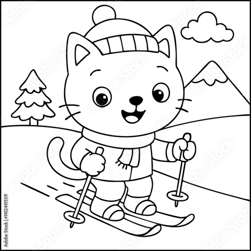 Dessin kawaii au trait de chat pour livre de coloriage pour adulte ou enfant. Trait noir totalement isolé du fond. Idéal pour conception a ajuster dans votre livre ou cahier. Encadré transparent. 
