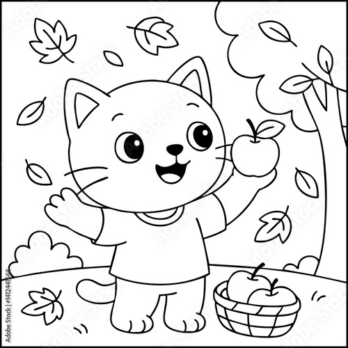 Dessin kawaii au trait de chat pour livre de coloriage pour adulte ou enfant. Trait noir totalement isolé du fond. Idéal pour conception a ajuster dans votre livre ou cahier. Encadré transparent. 