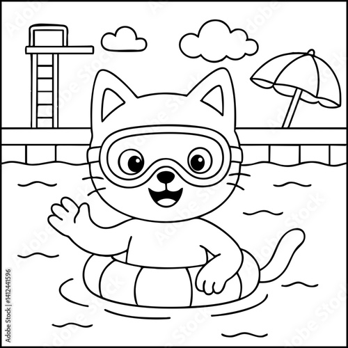 Dessin kawaii au trait de chat pour livre de coloriage pour adulte ou enfant. Trait noir totalement isolé du fond. Idéal pour conception a ajuster dans votre livre ou cahier. Encadré transparent. 