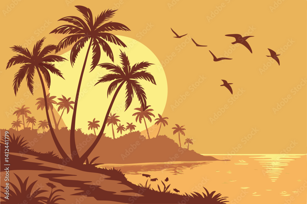 Fototapeta premium 2 Tropical sunset, palm trees silhouette, vibrant orange sky, large golden sun, birds flying in formation, calm ocean reflection, dramatic sunbeams, warm color palette, digital art, high contrast, det