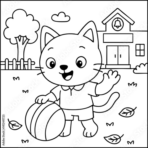 Dessin kawaii au trait de chat pour livre de coloriage pour adulte ou enfant. Trait noir totalement isolé du fond. Idéal pour conception a ajuster dans votre livre ou cahier. Encadré transparent. 