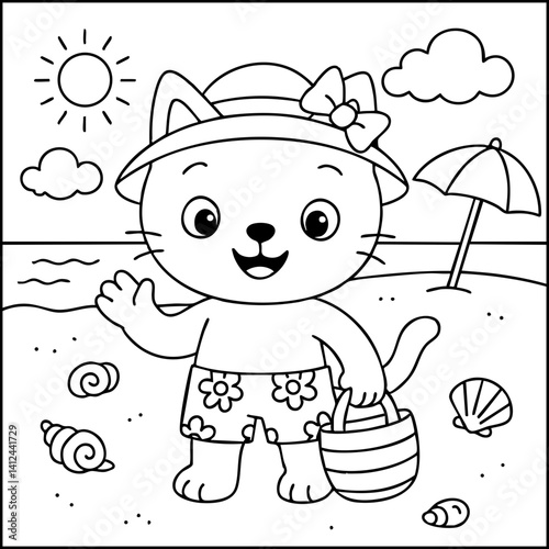 Dessin kawaii au trait de chat pour livre de coloriage pour adulte ou enfant. Trait noir totalement isolé du fond. Idéal pour conception a ajuster dans votre livre ou cahier. Encadré transparent. 
