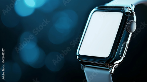 sleek smartwatch with blank screen is displayed against blurred blue background, highlighting its modern design and metallic frame. watch is positioned angle, emphasizing its stylish appearance