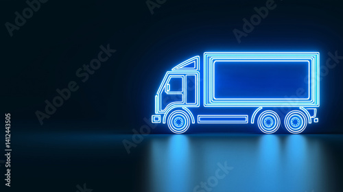 stylized neon outline electric truck glows against dark background, showcasing futuristic design. blue light creates striking contrast, highlighting vehicle sleek lines and modern appeal