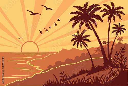 2 Tropical sunset, palm trees silhouette, vibrant orange sky, large golden sun, birds flying in formation, calm ocean reflection, dramatic sunbeams, warm color palette, digital art, high contrast, det