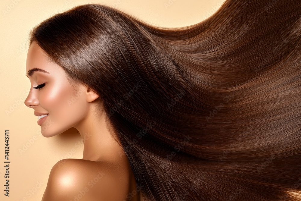 Naklejka premium Image of a youthful girl with luscious wavy locks and a dreamy expression, set against a beige backdrop with ample copyspace