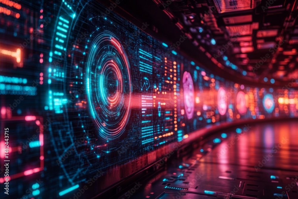 Obraz premium Spectacular futuristic tunnel illuminated with colorful neon lights and unique circular design