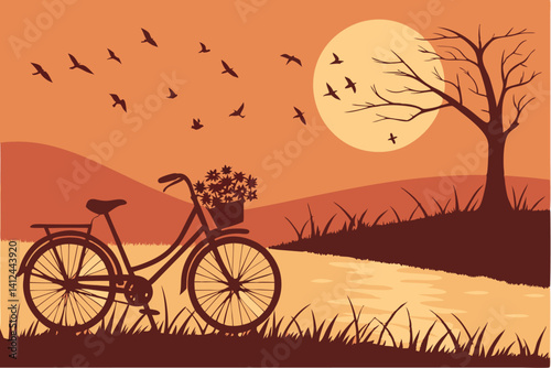 3 Silhouette of bicycle at sunset, warm orange sky, flock of birds flying, basket of flowers on bike, serene landscape, dramatic sun, golden hour, peaceful scene, minimalist composition, nostalgic moo