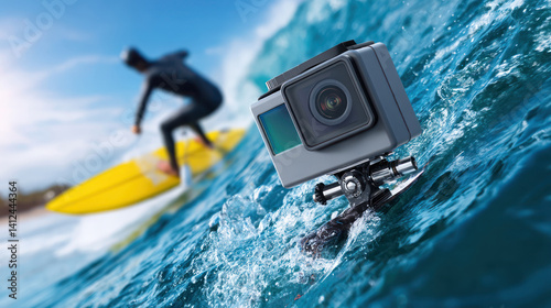 A waterproof action camera captures surfer riding wave, showcasing its durability and high quality footage capabilities