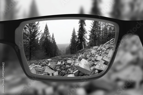 A woman's eyeglasses frame a vibrant view of a river and forest, set against a monochrome backdrop, symbolizing enhanced vision and unique perception