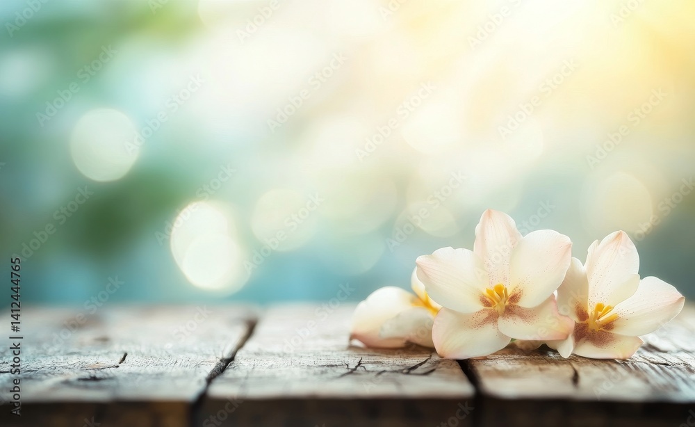 Orchid flowers are situated on a wooden table in a blurred spa salon bathroom Orchid flowers are situated on a wooden table in a blurred spa salon bathroom