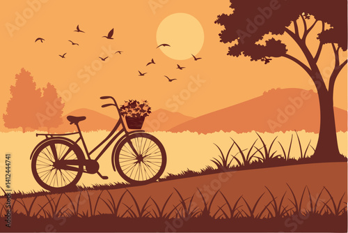 3 Silhouette of bicycle at sunset, warm orange sky, flock of birds flying, basket of flowers on bike, serene landscape, dramatic sun, golden hour, peaceful scene, minimalist composition, nostalgic moo